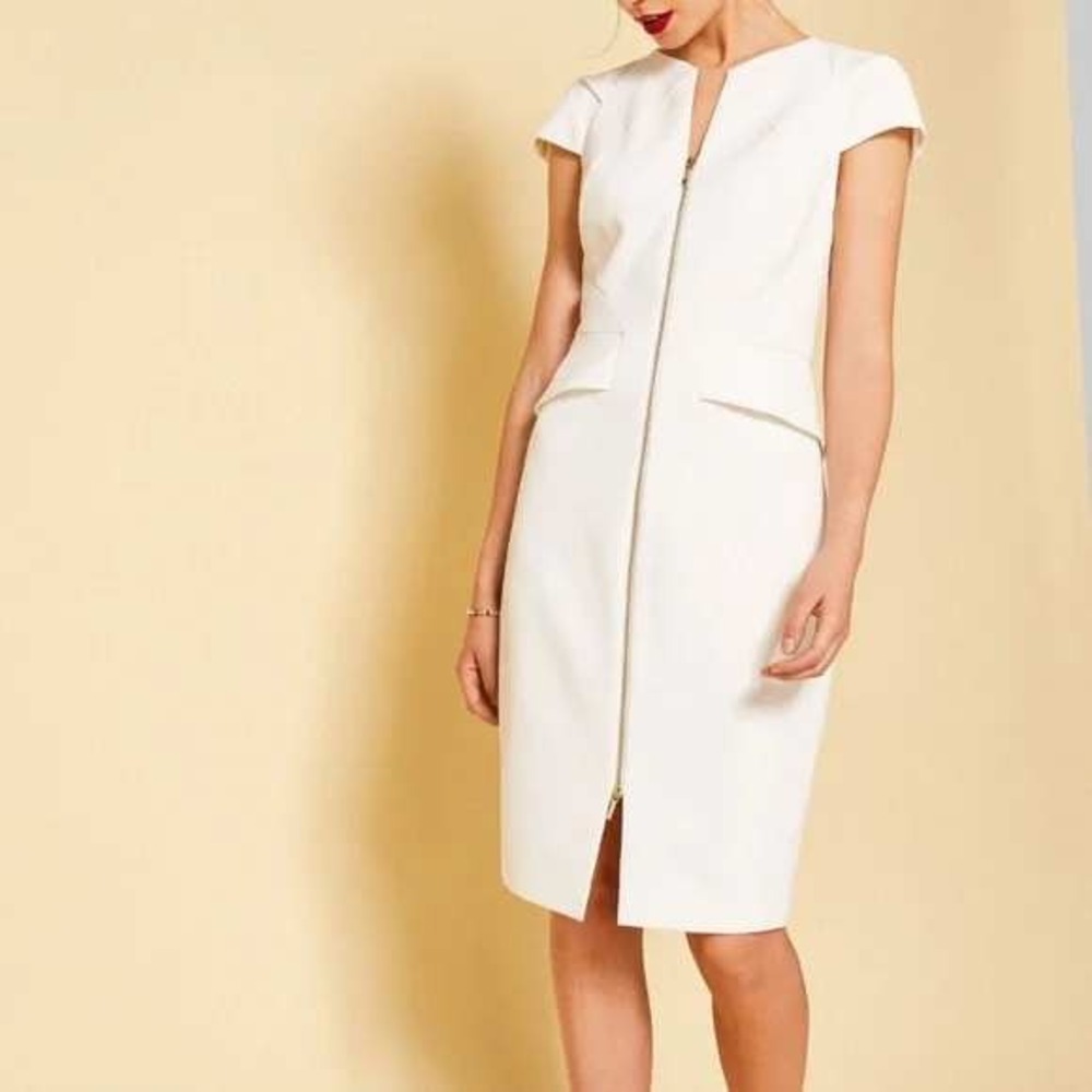 Ted Baker Fearnid Zip-Front Dress Architectural Pencil Dress Size US 4 Ivory